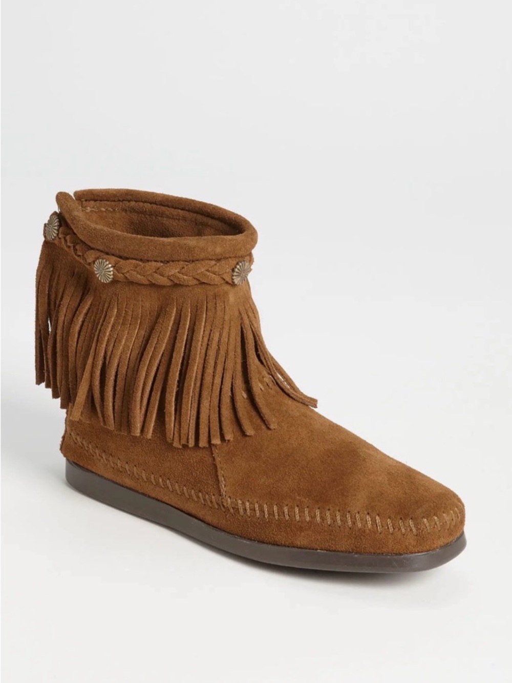 Minnetonka Brown Suede Fringe Moccasins